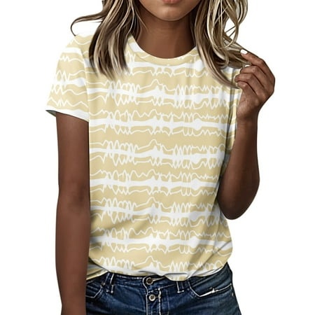 Qwertyu Summer Tops for Women 2024 Dressy Casual Round Neck Short Sleeve Shirts Trendy Graphic Blouses Cute Beach Tees Yellow S