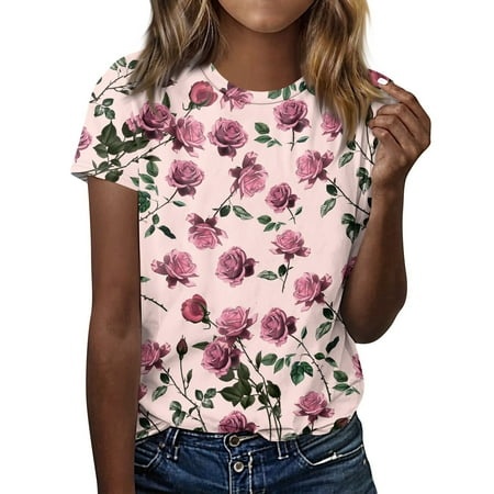 Qwertyu Women S Casual Floral Print Crew Neck Short Sleeve T Shirts Tee Tops Pink S