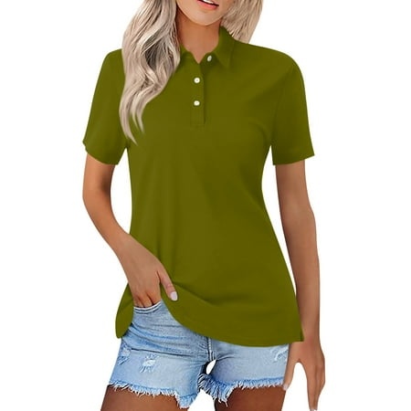 Qwertyu Women S Polo Shirts Short Sleeve Button Collared Tops Lapel Casual Work Blouses Tunic Tops Solid Color Tees Army Green M
