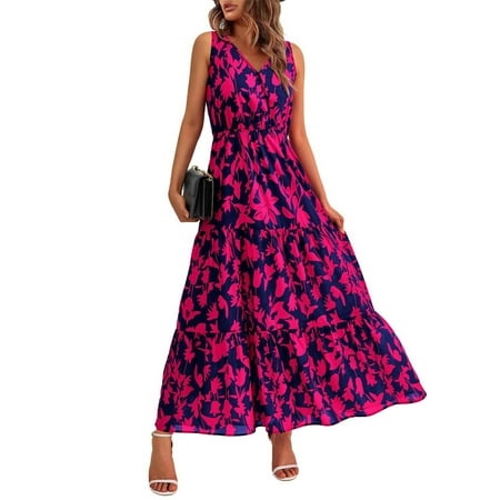Qwertyu Women S 2024 Summer Boho Floral Print Sleeveless V NeckTiered Casual Flowy Long Maxi Dress Hot Pink XL