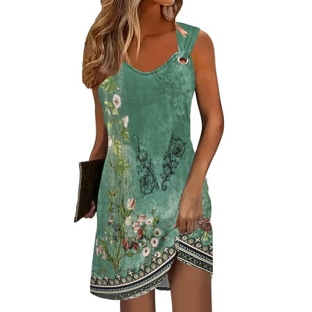 Qwertyu Summer Dresses for Women 2024 Vacation Trendy Floral Boho Mini Dress Sleeveless Casual Beach Sundresses Cover Ups Army Green XXXL