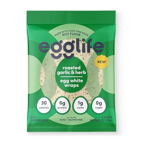 Egglife Garlic & Herb, Egg White Wraps - No Flour, Cage Free Eggs - Gluten Free, Dairy Free, Sugar Free - Keto and Paleo Friendly, 6 Count