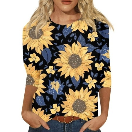 Godokuleh Womens Tunic Tops 3/4 Sleeve Round Neck Sunflower Trendy Shirts Spring Cotton T Shirts Loose Fit Dressy Tee Tunic TopsNavy XL