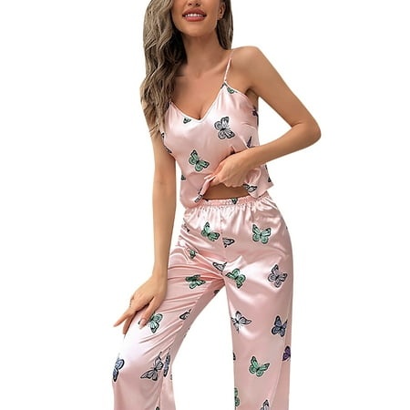 SZXZYGS Womens Nightgown Suspenders Trousers Suit Fashion Imitation Silk Printing Home Clothes 9303