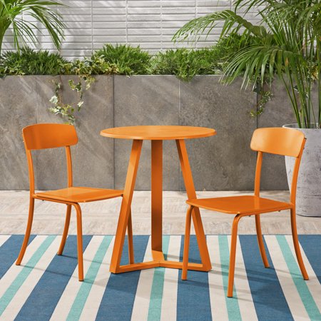 Veronica Outdoor 3 Piece Iron Bistro Set, Matte Orange