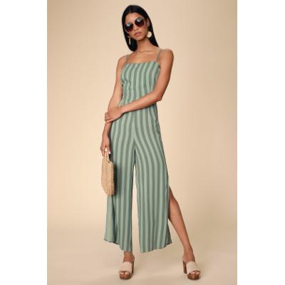 Lulus | Golden Hour Sage Green Striped Split-Leg Jumpsuit | Size Medium | 100% Cotton