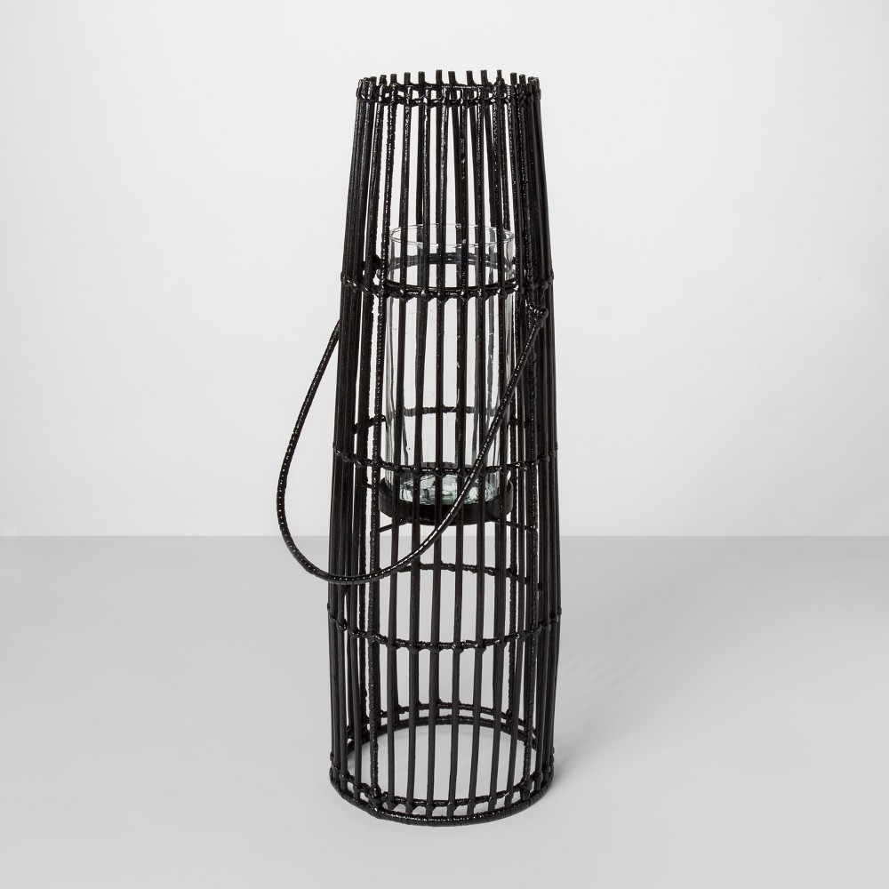 24" X 7.7" Iron and Rattan Pillar Candle Holder Lantern Black - Project 62