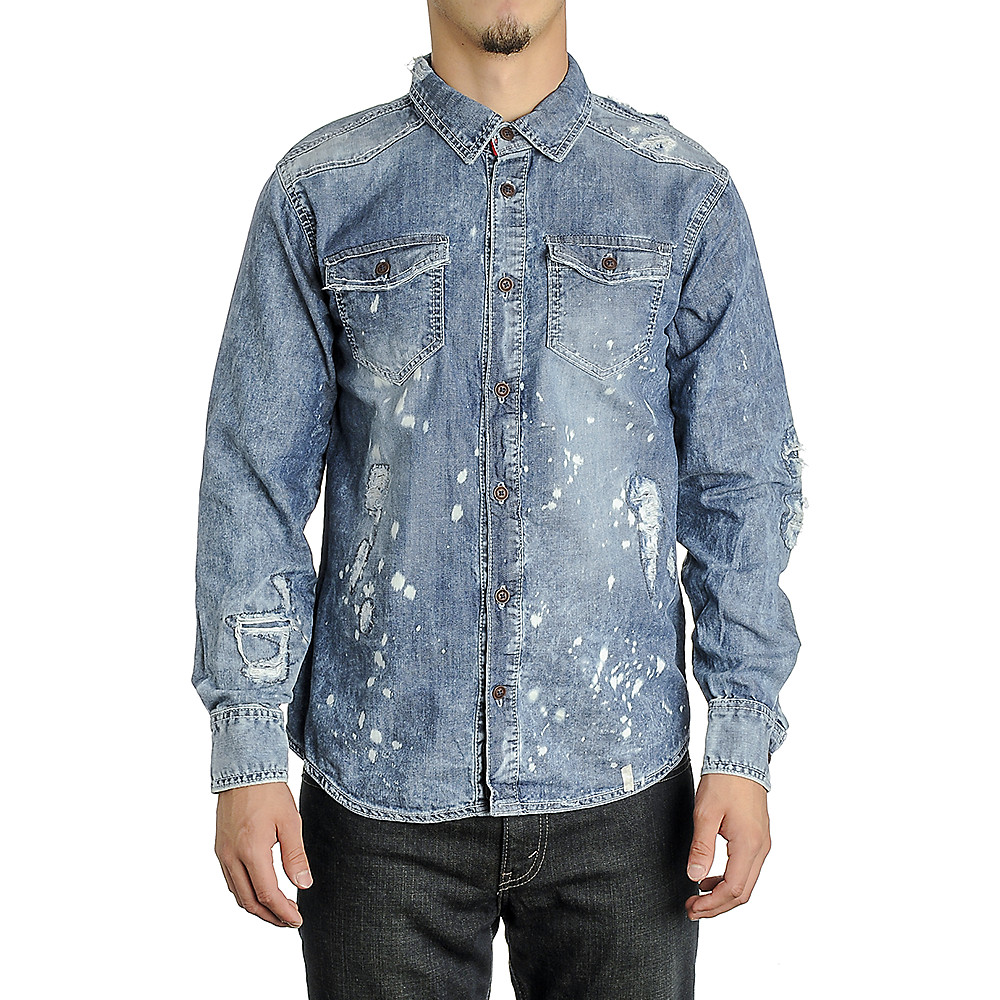 Ripped Bleached Button Down Shirt Destroyed Blue