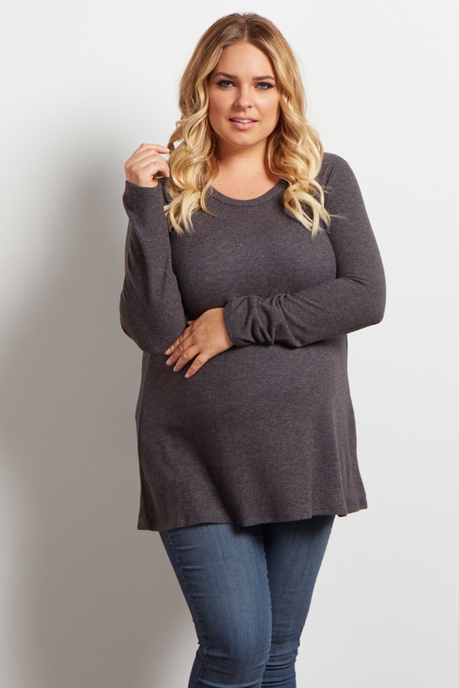 Charcoal Solid Soft Knit Long Sleeve Plus Top