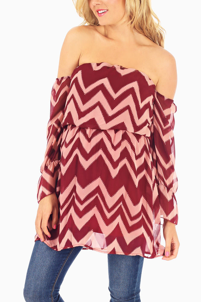 Burgundy Pink Chevron Printed Chiffon Off Shoulder Maternity Blouse