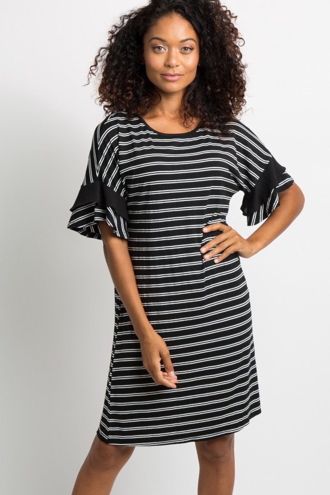 Black Striped Ruffle Sleeve Shift Dress