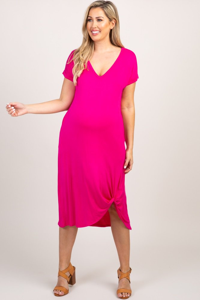 Fuchsia Short Sleeve Knot Maternity Dress