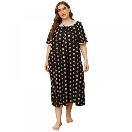 Women Nightgown Floral Sleepwear Home Loungewear Short Sleeve Print Nightdress Extra-length Pullover Nightwear Summer Nightdress