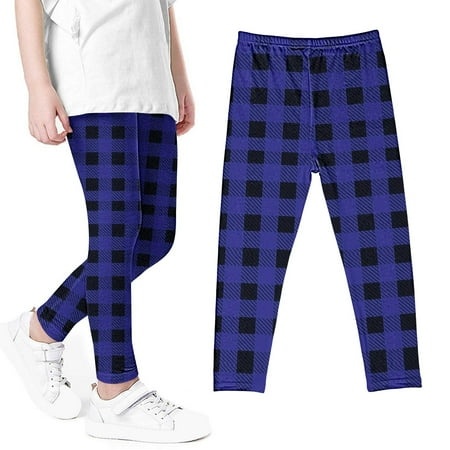 AJTQTH Kid Girls Buffalo Plaid Print Leggings Soft Stretchy Pants High Waist Slim Tights Cute Summer Yoga Pants Trousers for School Wearing Blue 6-7 Y