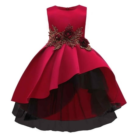 MHZLDYZ Girls Summer Dresses Size 14-16 Girls Red Dress New Children S Clothing Girl Flower Girl Dress Princess Dress Children S Piano Performance Chi