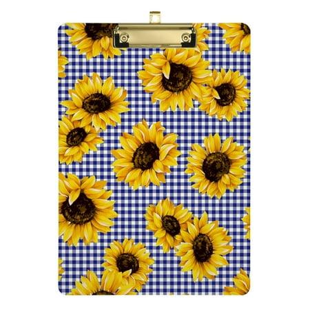 ALAZA Sunflower Blue Buffalo Plaid Floral Clipboards for Kids Student Women Men Letter Size Plastic Low Profile Clip  9 X 12.5 in  Silver Clip