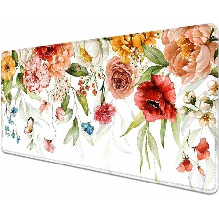 Extended Large Gaming Mouse Pad with Stitched Edges  Blooming Flower Green Leaves Desk Mat for Computer  Non-Slip Big Mouse Pad with Keyboard Pad for 