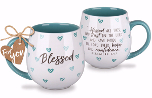 Lighthouse Christian Products Happy Hearts Blessed 13 Ounce Ceramic Stoneware Coffee Mug  Teal Blue