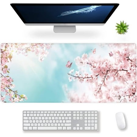 Extended Large Gaming Mouse Pad Dreamy Romantic Pink Sakura Butterflies XXL Size Keyboard Mouse Mat Desk Pad with Non Slip Rubber Base Stitched Edges 
