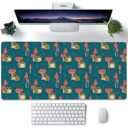 Desk Pad  Cute Green Frogs and Mushrooms Extended Large Gaming Mouse Pad for Desk XXL  Large Desk Mat for Desktop with Non-Slip Rubber Base Stitched E