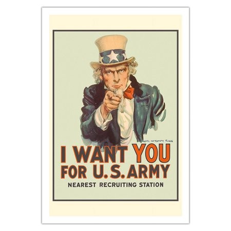 I Want You for U.S. Army - WWI - Uncle Sam - Vintage War Poster by James Montgomery Flagg C.1978 - Fine Art Matte Paper Print (Unframed) 30x44in