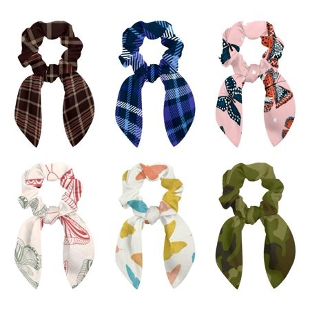 OWNSUMMER Blue Buffalo Plaid Checks Pattern Bow Hair Rings Set Detachable Rabbit Ears 6 Pieces Polyester Women Hair Accessories Hair Ties Hair Tie
