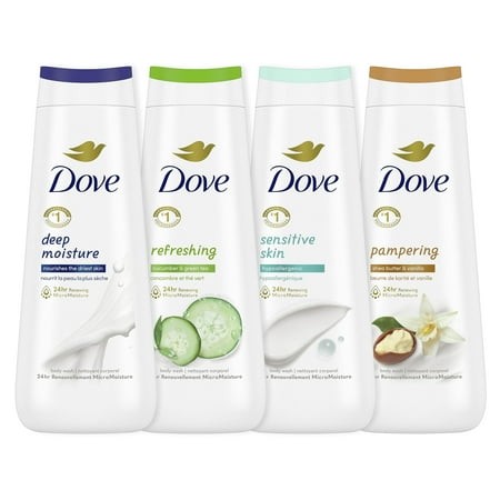 Dove Body Wash Deep Moisture  Sensitive Skin  Cucumber and Green Tea  and Shea Butter & Vanilla Collection 4 Count Skin Cleanser with 24hr Renewing Mi