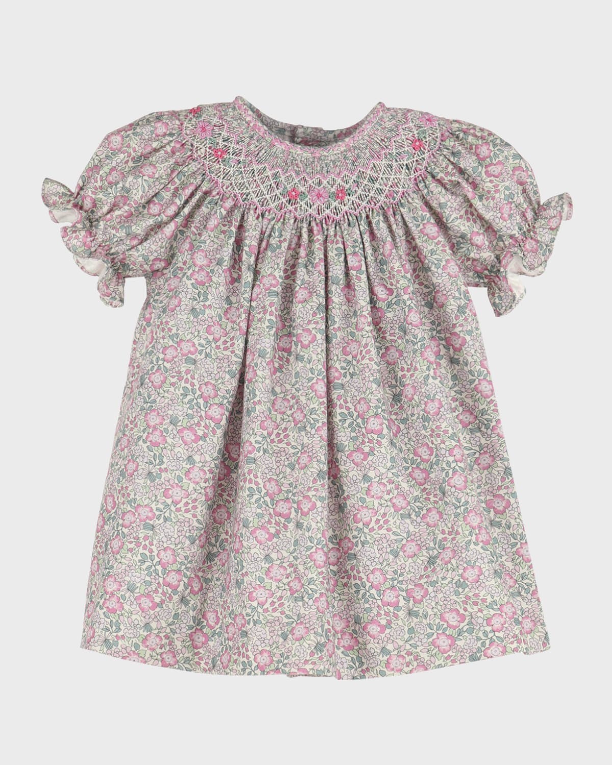 Girl's Micro Floral-Print Smocked Bishop Dress, Size 4T-6