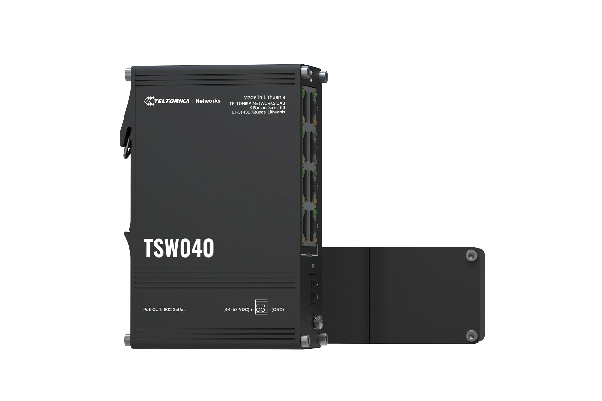 Teltonika TSW040 - 8-port PoE+ Switch (7-57 VDC, or 44-57 VDC for PoE-out) Integrated DIN Rail Bracket - 10/100 Mbps, Supports Auto MDI/MDIX Crossover