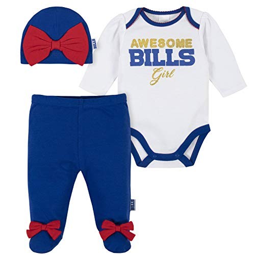 Gerber NFL Buffalo Bills 3 Pack Bodysuit Footed Pant and Cap Registry Gift Set, Blue/White Buffalo Bills, 6-9M