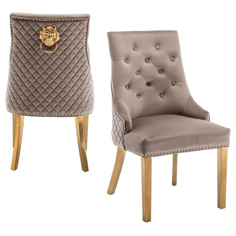 Lot De 2 Chaises Lion Mattelassée Et Cloûtée Gold Velours Moka