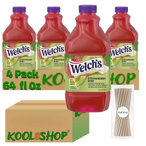 Welch's Strawberry Kiwi Juice Drink, 64 Fl Oz Plastic Bottles, 4 Pack + 20 Sugarcane Food Grade Disposable Straws by KOOL8SHOP