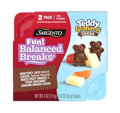 Sargento Fun! Balanced Breaks Monterey Jack Natural Cheese, Natural Flavored Mixed Fruit Snacks & TEDDY GRAHAMS Graham Snacks Cocoa, 2 Pack