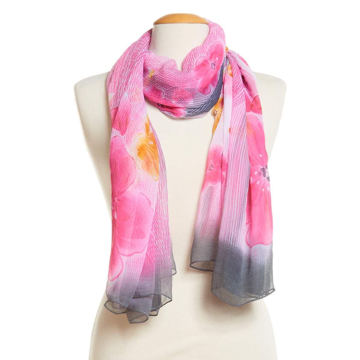 Womens Renshun Pink Floral & Stripe Chiffon Oblong Scarf Pink