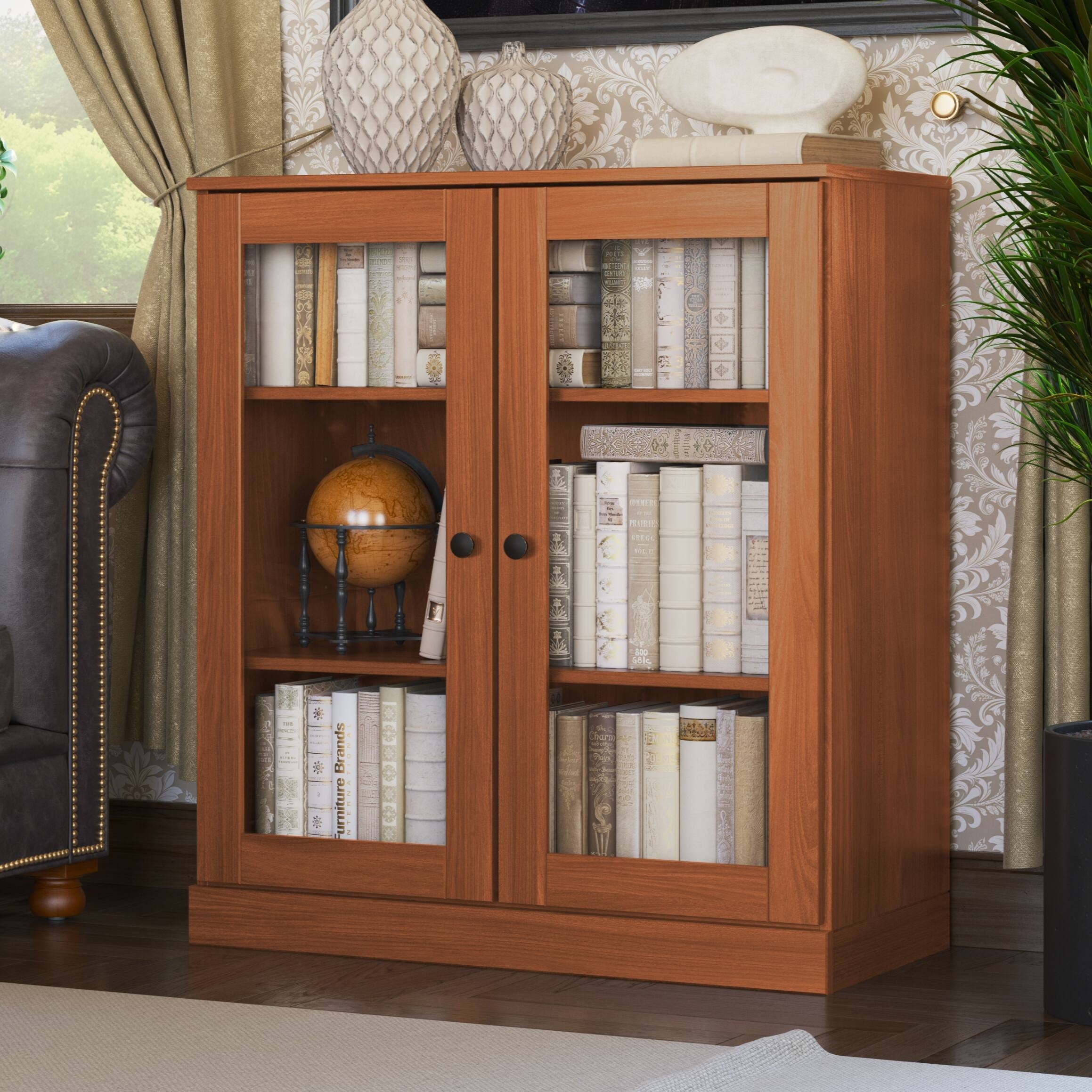 Palace Imports 100% Solid Wood 3-shelf Bookcase with Adjustable Shelves and Glass Doors  Mocha