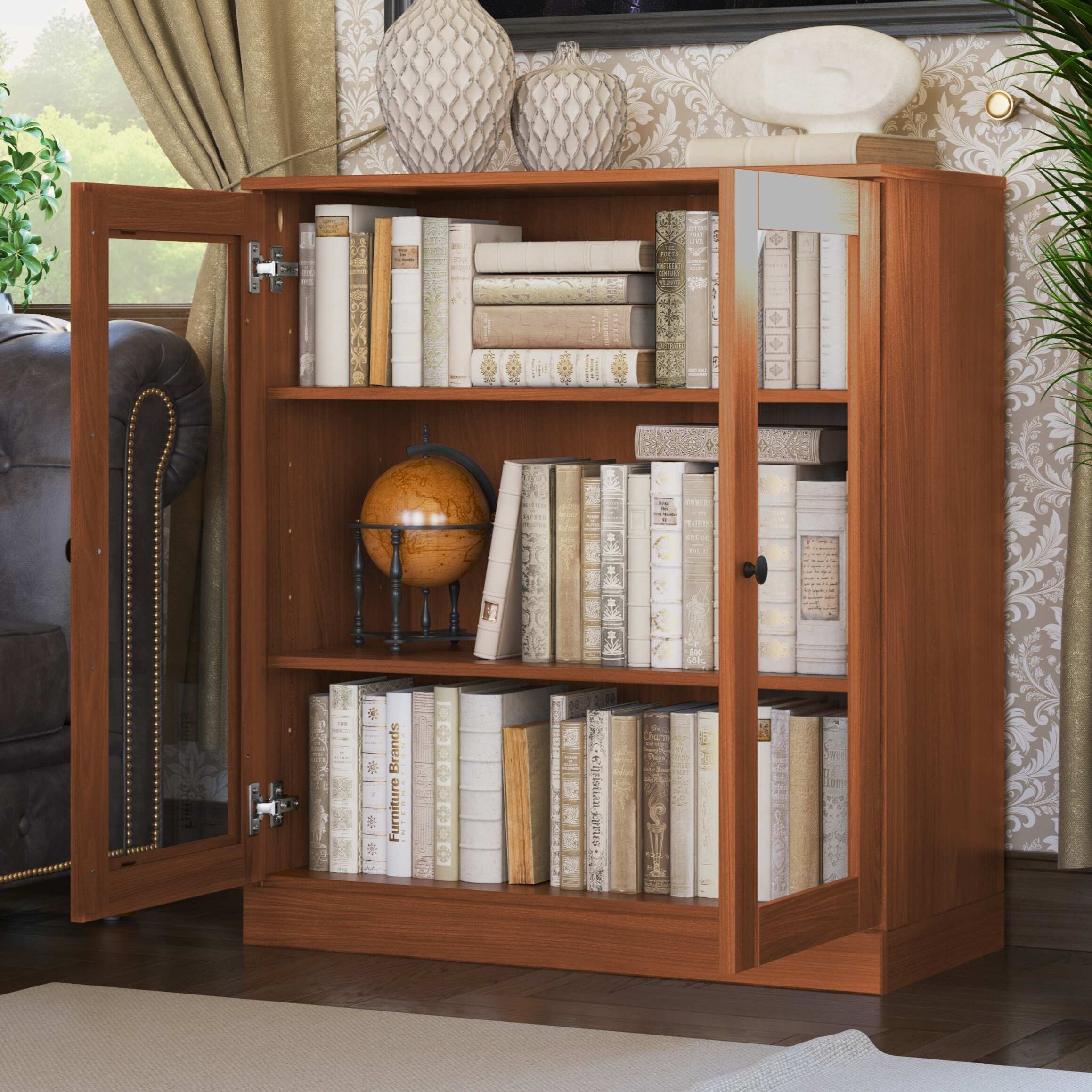 Palace Imports 100% Solid Wood 3-shelf Bookcase with Adjustable Shelves and Glass Doors  Mocha thumbnail