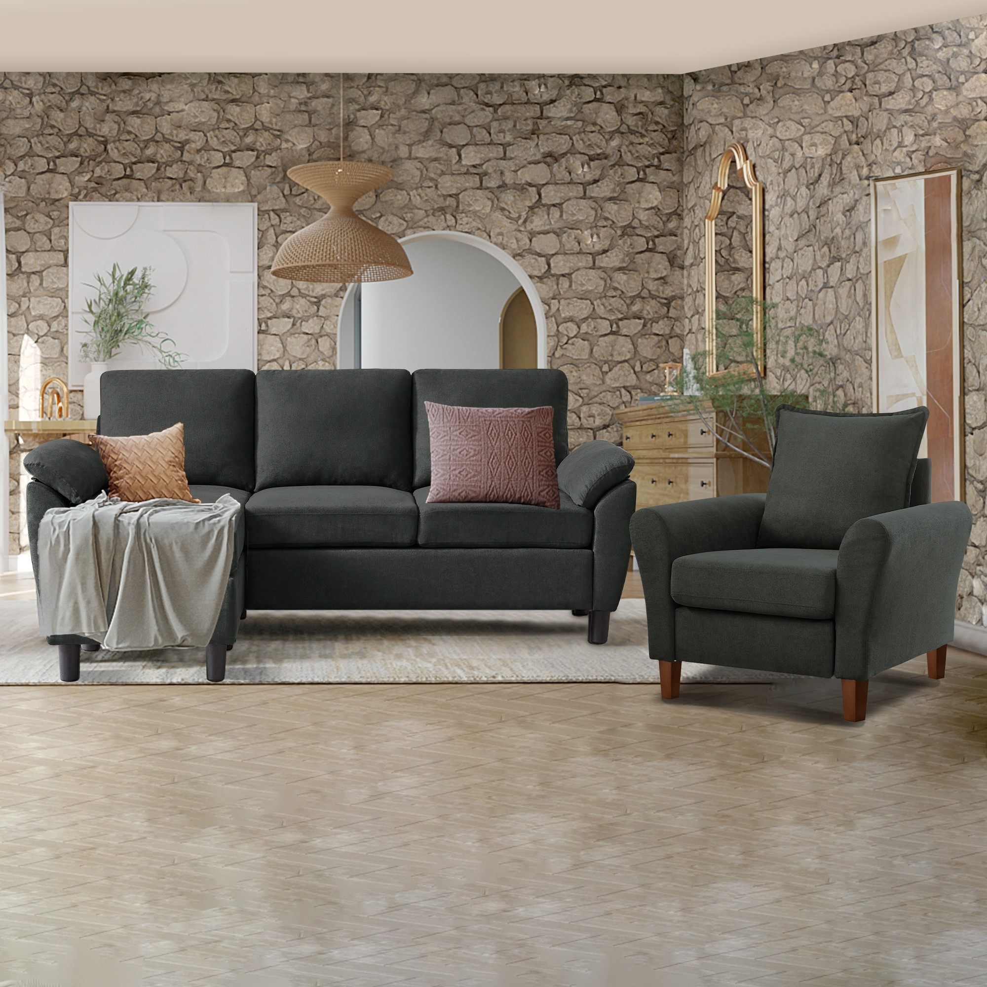 3-Piece Living Room Sectional Sofa Set with Chair and Ottoman