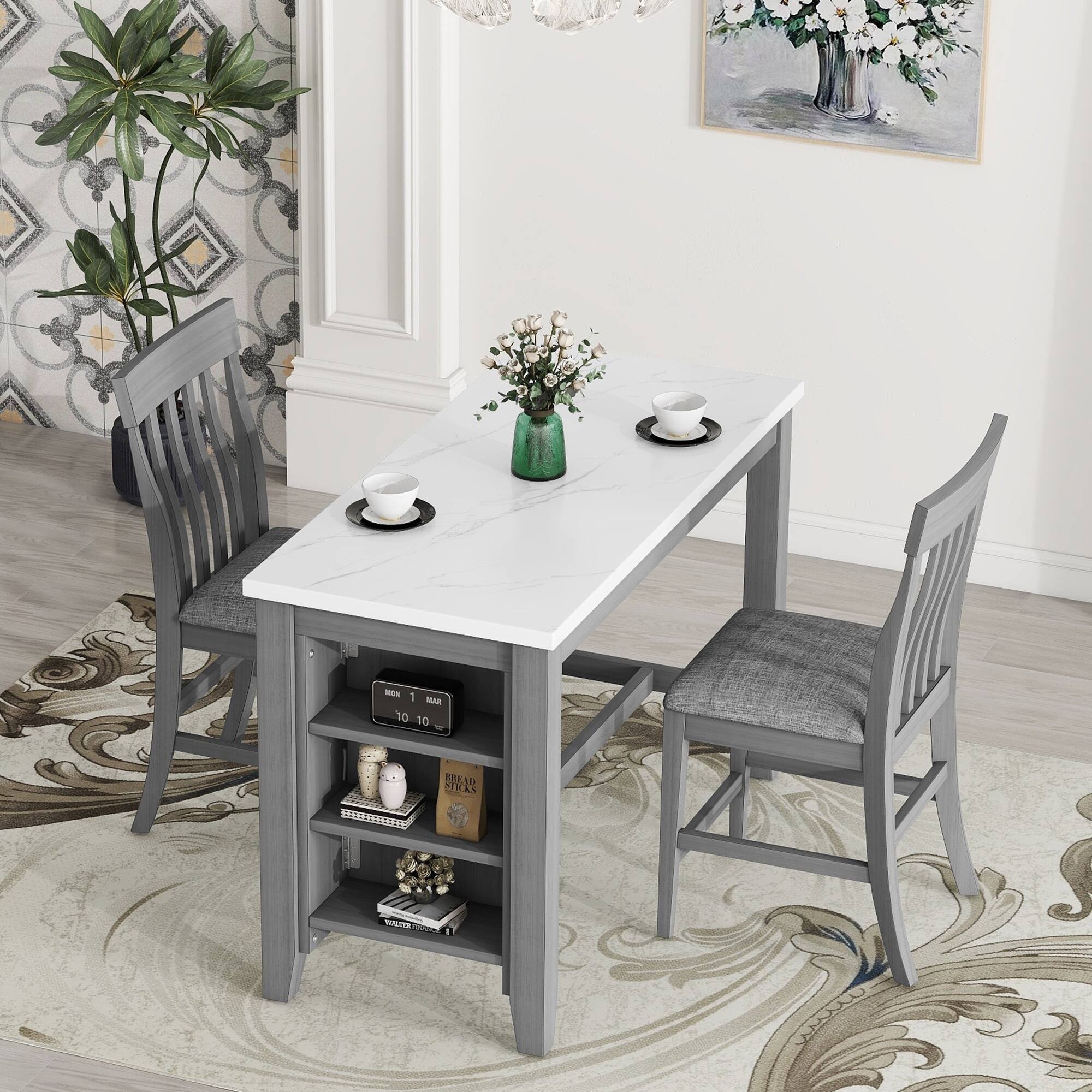 3-Piece Counter Height Dining Set with Built-in Storage, a Cultured Marble Top Dining Table and 2 Exquisite Side Chairs