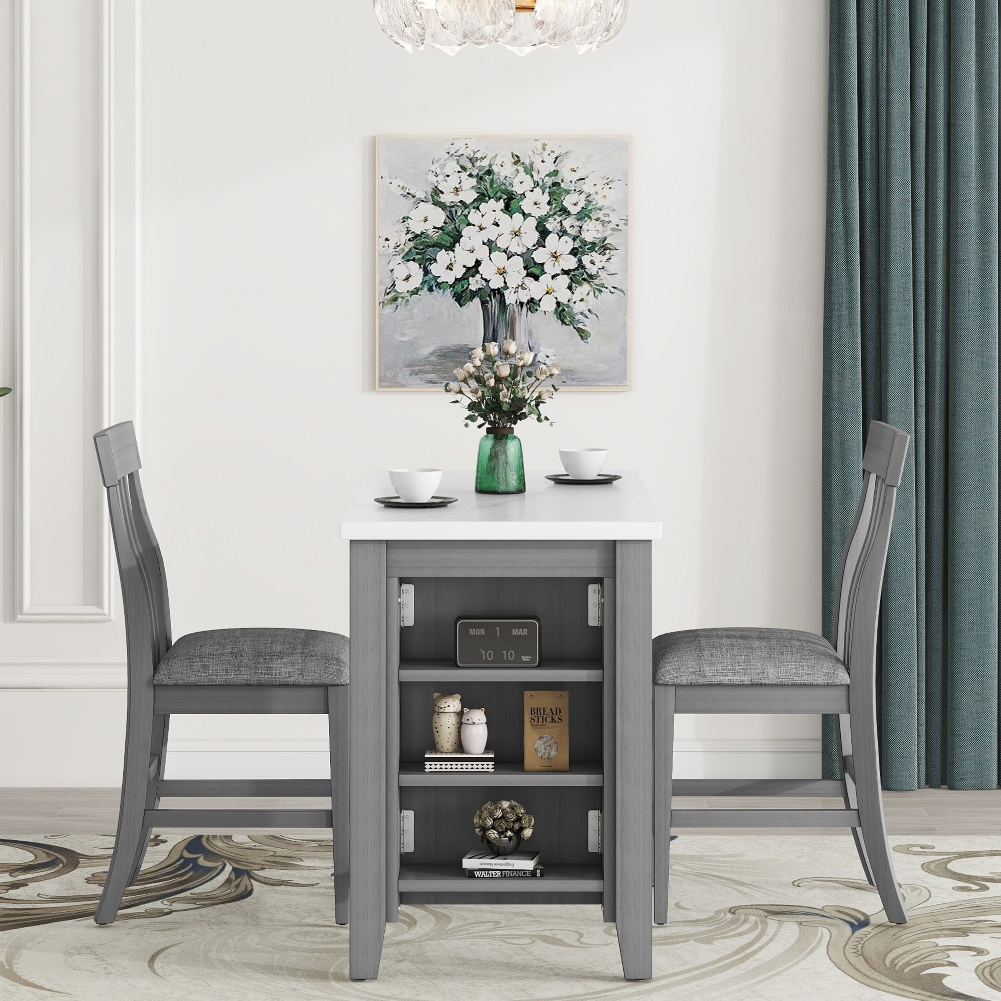 3-Piece Counter Height Dining Set with Built-in Storage, a Cultured Marble Top Dining Table and 2 Exquisite Side Chairs thumbnail