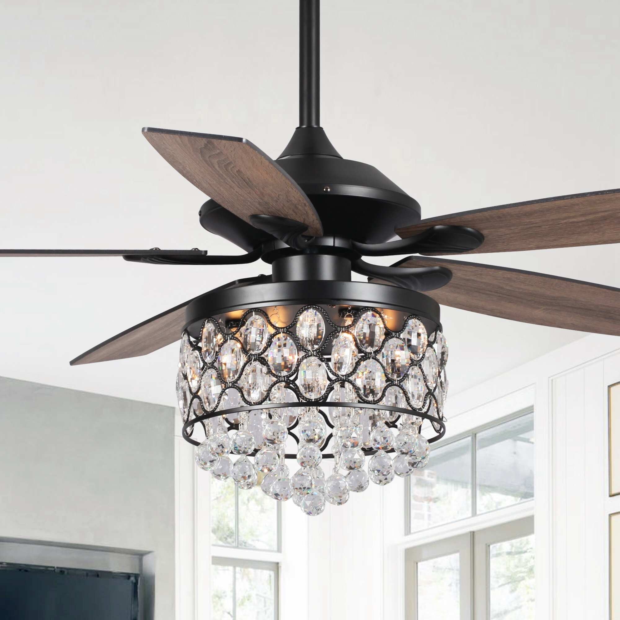 Parrot Uncle Chrome/ Crystal 4-light Chandelier/ Ceiling Fan with Remote 25 Black with Weathered Oak Blade N/a Matte thumbnail