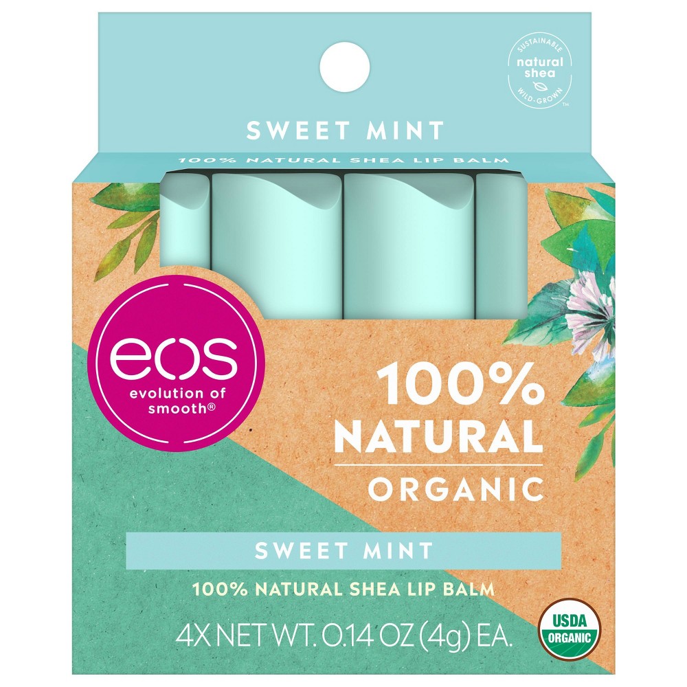 Eos USDA Organic Lip Balm - Sweet Mint  Lip Care to Nourish Dry Lips  100% Natural and Gluten Free  Long Lasting Hydration  0.14 Oz  4 Pack