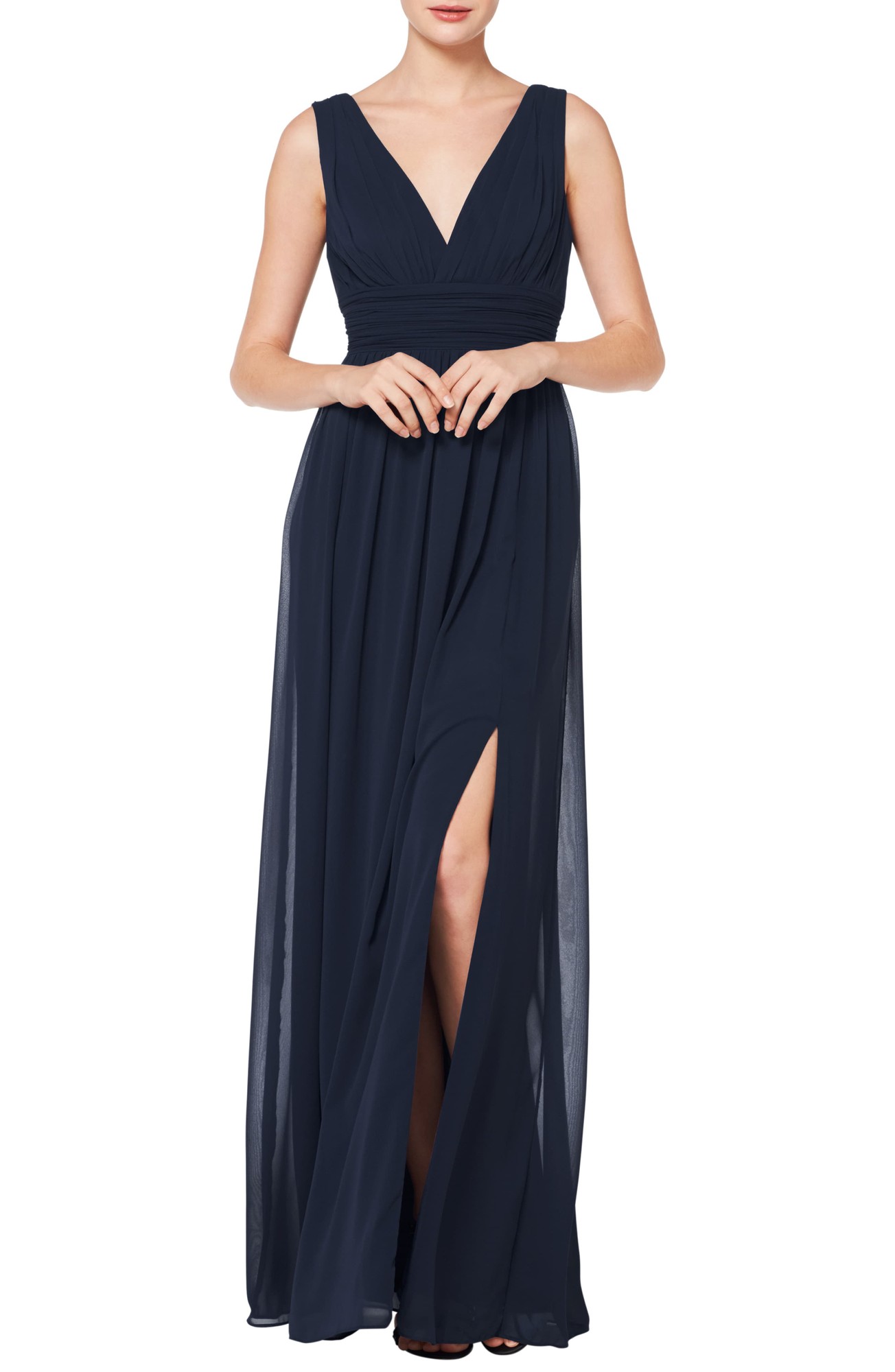 Women's #levkoff V-Neck Pleated Chiffon Evening Dress, Size 4 - Blue
