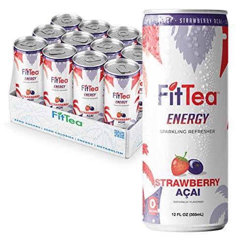 FitTea Healthy Energy Drink 12 Fl Oz - Strawberry açai Sparkling Refresher (12 Pack) Natural Green Tea Energy Drinks Sugar Free