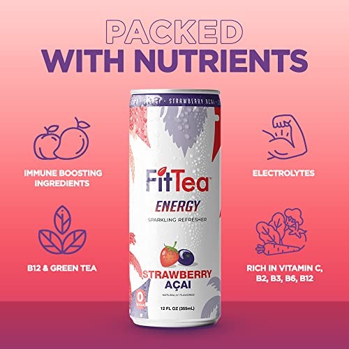 FitTea Healthy Energy Drink 12 Fl Oz - Strawberry açai Sparkling Refresher (12 Pack) Natural Green Tea Energy Drinks Sugar Free thumbnail