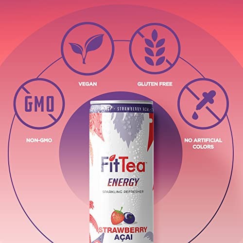 FitTea Healthy Energy Drink 12 Fl Oz - Strawberry açai Sparkling Refresher (12 Pack) Natural Green Tea Energy Drinks Sugar Free thumbnail