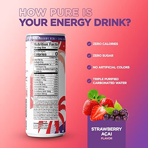 FitTea Healthy Energy Drink 12 Fl Oz - Strawberry açai Sparkling Refresher (12 Pack) Natural Green Tea Energy Drinks Sugar Free thumbnail