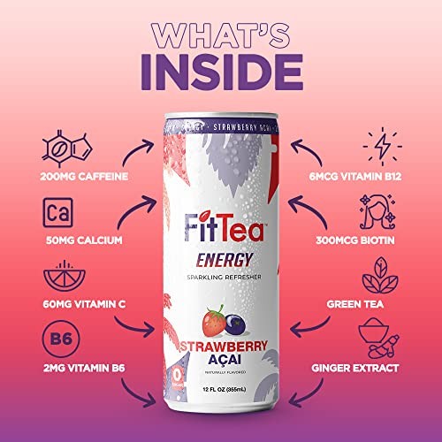 FitTea Healthy Energy Drink 12 Fl Oz - Strawberry açai Sparkling Refresher (12 Pack) Natural Green Tea Energy Drinks Sugar Free thumbnail