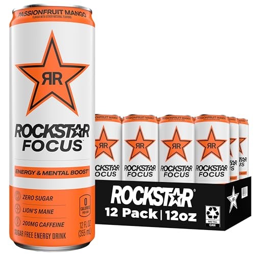 Rockstar Focus Zero Sugar Energy Drink  Passionfruit Mango Flavor  Lion’s Mane  Energy & Mental Boost  12 Oz 12 Pack Cans