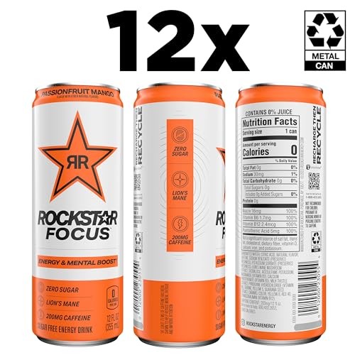 Rockstar Focus Zero Sugar Energy Drink  Passionfruit Mango Flavor  Lion’s Mane  Energy & Mental Boost  12 Oz 12 Pack Cans thumbnail