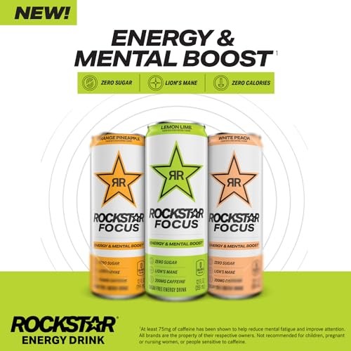 Rockstar Focus Zero Sugar Energy Drink  Passionfruit Mango Flavor  Lion’s Mane  Energy & Mental Boost  12 Oz 12 Pack Cans thumbnail